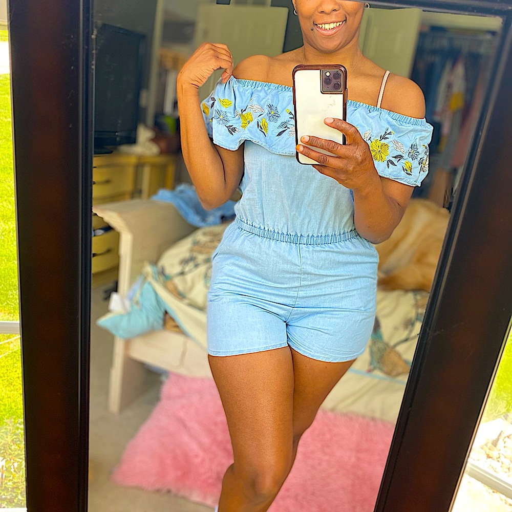 Denim Romper by Love Tree with Flower Embroidery